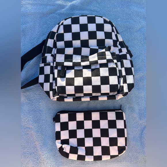 Handbags - Black & White Checkerboard Backpack with Matching Pouch